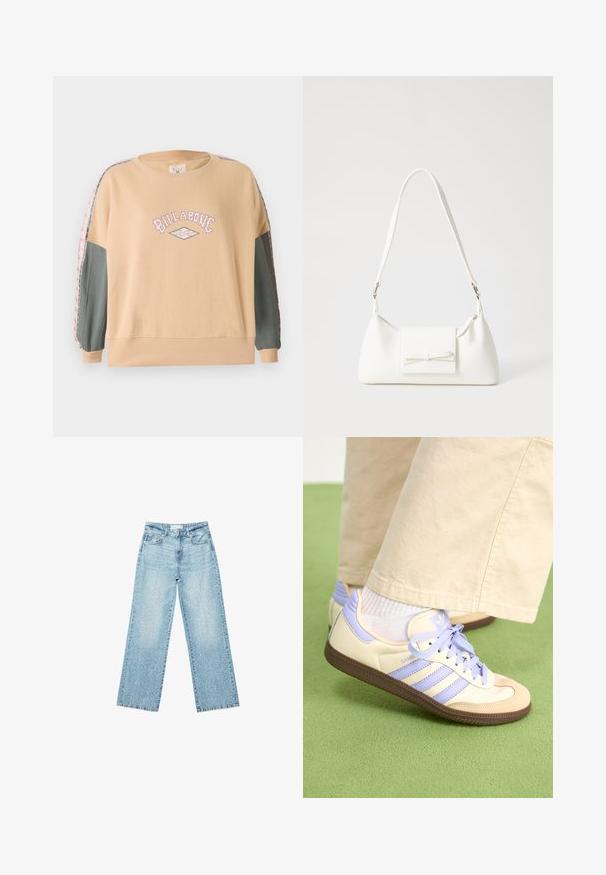 Beige oversized sweatshirt with pink "BILLABONG" graphic, green sleeves, and patterned accents along arm seams. Soft cotton material.; Light blue denim wide-leg jeans with a high waist, featuring a faded wash and small, scattered distressed details throughout.; Cream and lavender sneakers with three stripes and a textured brown sole, featuring laces and a padded heel. Soft fabric upper.; White synthetic handbag with a triangular shape, flat front flap and bow detail, adjustable strap, smooth texture, and minimalistic design.