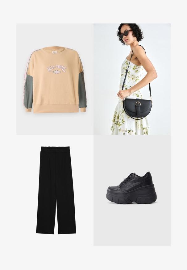 Beige oversized hettegenser med rosa "BILLABONG" grafikk, grønne ermer og mønstrede detaljer langs ermene. Mykt bomullsmateriale.; Svarte vide bukser med rynket liv, med to sidelommer og et glatt, lett stoff. Ingen synlige mønstre eller metalldeler.; Sorte snøresko med tykk såle, med et glatt læroverdel, rund tå og distinkt lagdelt plattformdesign.; Svart lærveske med en buet form, avtagbar stropp og gullbeslag. Vesken har et klaff med spenne-detall.