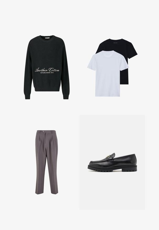 Čierny pletený sveter s okrúhlym výstrihom, rebrovanou textúrou a vyšívaným nápisom "Another Cotton ESTABLISHED 2023" v bielej farbe.; Dve krátke rukávy tričká s okrúhlym výstrihom, jedno čierne a jedno biele, vyrobené z jemnej bavlny s rebrovanou textúrou. Klasický strih.; Sivé plisované nohavice vyrobené z hladkej tkaniny, s rovného strihu, jedným gombíkom na zapínanie a šikmými bočnými vreckami.; Čierne kožené mokasíny s hladkým povrchom, okrúhlou špičkou, dekoratívnym pásikom so zlatým kovovým prvkom a robustnou čiernou podrážkou.