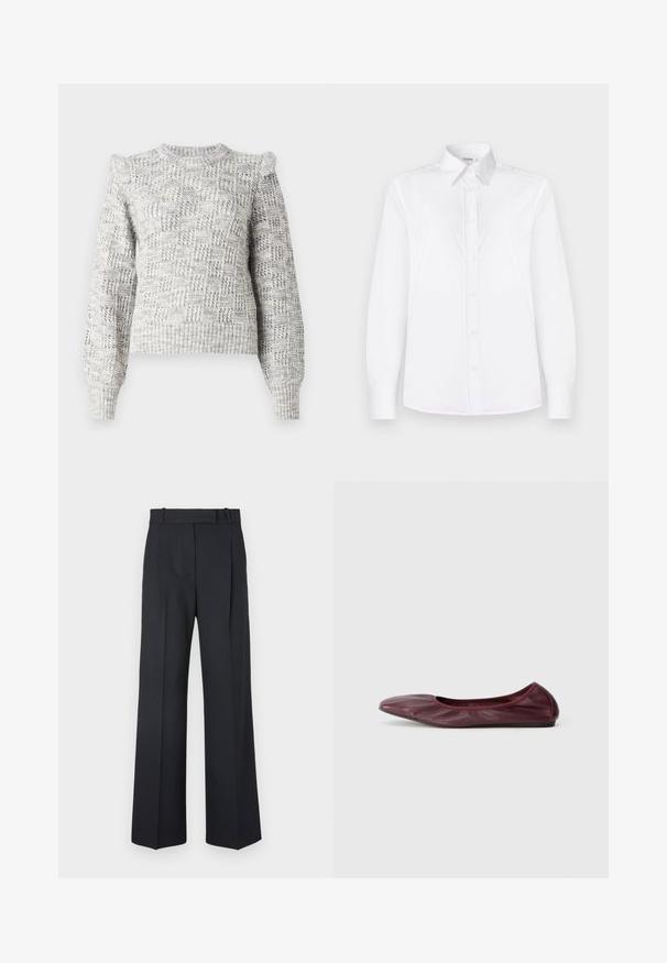 Šviesiai pilkas megztinis su tekstūruota languota raštu, gaubtomis rankovėmis ir apvaliu iškirpimu. Savybės: ispaudžiamos rankovių ir apačios kraštai.; Balta ilgomis rankovėmis marškinių, pagaminti iš lygios medžiagos, turi apykaklę ir mygtukų priekį su šviesiai rožiniais mygtukais.; Tamsiai mėlynos juostelės kelnės su aukštu liemeniu, plačiomis kojomis ir be matomų detalių ar puošmenų. Sklandus audinys ir pritaikytas siluetas.; Balerinai tamsiai burgundiško odos, su apvaliomis nosimis, elastingu kraštu ir lygiu paviršiumi, puošti subtiliais raukšlėmis.