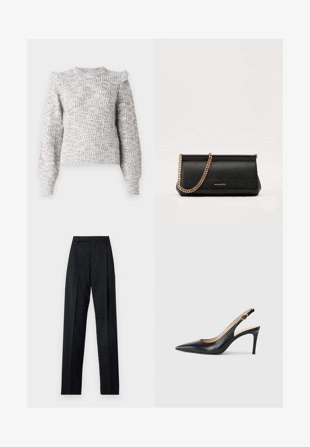 Svetlo sivi pleteni pulover z teksturiranim karirastim vzorcem, balonastimi rokavi in krožnim izrezom. Ima rebraste manšete in rob.; Črne hlače iz gladkega materiala, ki imajo visok pas, široke noge, sprednje nabore in klasične zanke za pas. Nevidni stranski žepi.; Črne usnjene petke s slingback obliko, ostro konico, nastavljivim trakom in elegantnim stiletto peto, s gladko obdelavo.; Črna usnjena torbica z zlatim verižnim trakom, z gladko teksturo, pravokotno obliko in embosiranim logotipom spredaj.