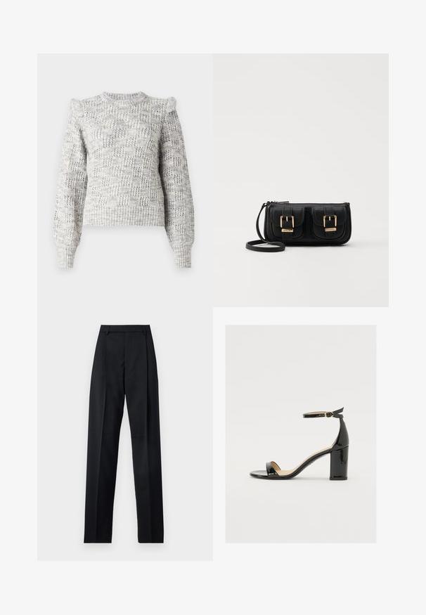 Light gray knitted sweater with a textured check pattern, balloon sleeves, and a crew neckline. Features ribbed cuffs and hem.; Black trousers made from smooth fabric featuring a high waist, wide legs, front pleats, and classic belt loops. No side pockets visible.; Black patent leather sandal with a wide heel, open toe, and ankle strap featuring a gold buckle. Smooth texture and sleek design.; Black leather crossbody bag with two front pockets, gold buckles, zipper closure, and a slim strap. Textured surface and compact rectangular shape.
