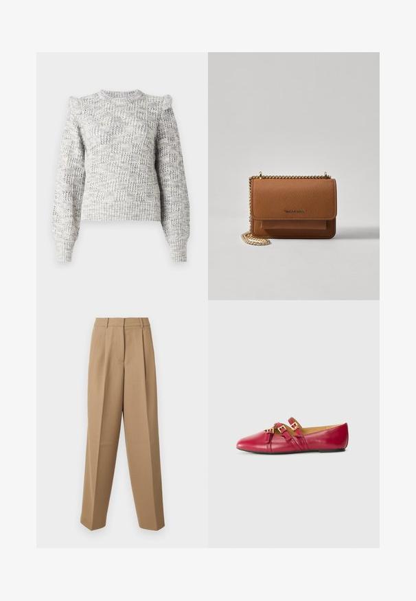 Lys grå strikket genser med strukturet rutemønster, ballongsleeves og rund hals. Har ribbestrikkede mansjetter og nederkant.; Beige skræddersyede bukser med høj talje, plisseret front og brede ben. Stof virker glat med en let glans.; Røde skinnballeriner med spiss tå, doble stropper med gullfarget detaljer, og en lav svart såle. Jevn tekstur.; Brun teksturert lær crossover-veske med gullkjede-stropp og klaffelukking. Fronten har logo-detalj og en lomme under klaffen.