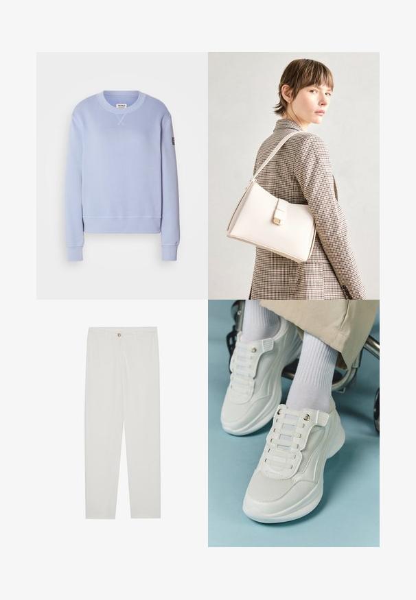 Sweatshirt azul claro com mangas longas, punhos canelados e um decote redondo. Apresenta bordados discretos na parte da frente e uma etiqueta de tecido na manga.; Calças brancas, ajustadas, com um design de perna reta, apresentando um fecho de botão, passantes para cinto e bolsos laterais; textura de tecido suave.; Tênis brancos com material em rede, sola de borracha, design sem atacadores com faixas elásticas e detalhes em tom dourado.; Bolsa de mão em couro branco com um design estruturado, apresentando um fecho magnético e uma alça de ombro, exibida sobre um fundo neutro.
