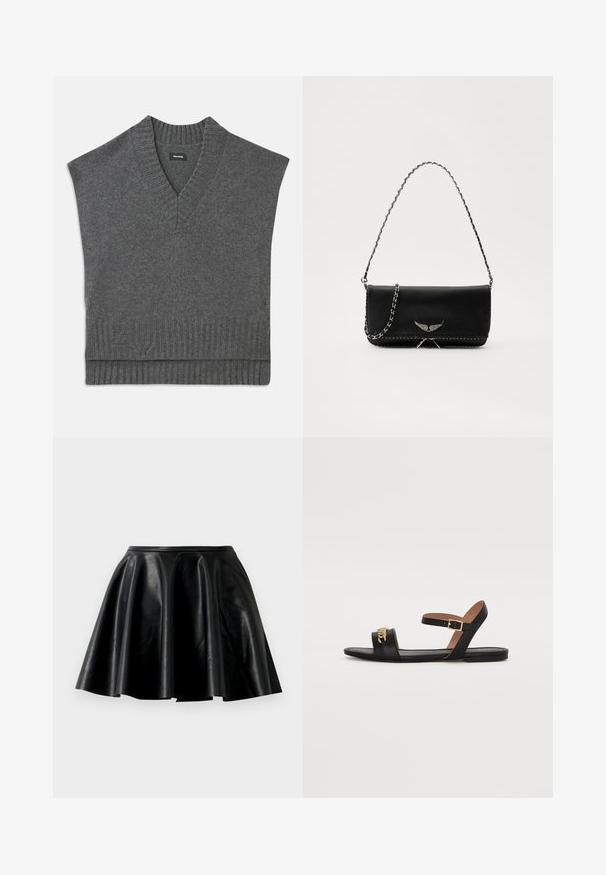 Maglione senza maniche grigio con scollatura a V, collo e orlo a costine. Texture a maglia morbida, con un sottile dettaglio del logo vicino al fondo.; Gonna nera in pelle svasata con una texture liscia, orlo ampio e vita aderente. La superficie ha una leggera lucentezza e non presenta decorazioni visibili.; Sandal in pelle nera con suola piatta, una sola fascia per le dita e una fascia alla caviglia con una fibbia dorata. Dettaglio decorativo a catena sul davanti.; Borsa a mano in pelle nera con una tracolla in catena argento, caratterizzata da decorazioni a forma di ali e cuciture bianche lungo la cucitura inferiore.