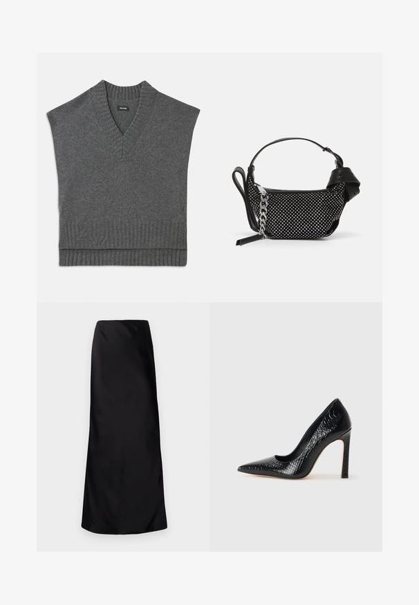 Harmaa hihaton neule, jossa on V-pääntie, ribbaus kauluksessa ja helmassa. Pehmeä neulekangas, jossa on hienovarainen logoyksityiskohta lähellä helmaa.; Norma Kamali BIAS OBIE SKIRT - Maksihame - black; Musta kapea nilkkakorkokenkä krokotiilin nahkakuviolla, joka on varustettu tyylikkäällä muotoilulla, korkealla stiletto-korkealla ja sileällä mustalla sisäosalla.; Musta käsilaukku, jossa on niittikoristeet, ketjuhihna ja sileä nahkakahva, pyöreä muoto ja vetoketjullinen osasto.