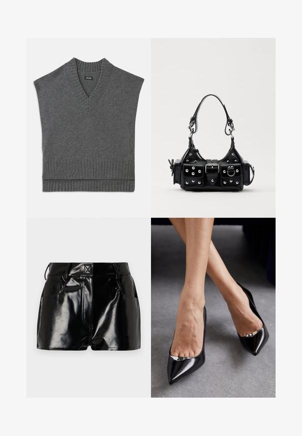Šedý bezrukávový svetr s výstřihem do V, vroubkovaným výstřihem a spodním lemem. Měkká pletená textura, s jemným detailem loga blízko spodního okraje.; Černé lesklé kraťasy vyrobené z umělého materiálu. Obsahují přiléhavý pas, poutka na opasek a přední kapsy s výraznými švy.; Černé kožené lodičky na vysokém podpatku s ostrou špičkou a otevřeným designem, které mají dekorační stříbrný akcent. Hladký povrch s lesklým finišem.; Černá kožená kabelka s křivkovým designem, zdobená stříbrnými hřebíky, s přezkou a dvěma bočními kapsami. Nastavitelný popruh pro různé možnosti nošení.