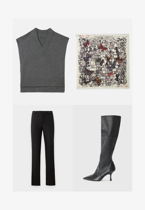 Szary bezrękawnik z dekoltem w kształcie V, prążkowanym wykończeniem dekoltu i dolnej krawędzi. Miękka struktura dzianiny, z subtelnym detalem logo blisko dolnej części.; Czarne spodnie o dopasowanym kroju z prostymi nogawkami, dwoma przednimi kieszeniami, zapięciem na guzik oraz detalami w postaci plis na przodzie. Gładka tekstura materiału.; Czarne skórzane botki do kolan z ostrym noskiem i wąskim obcasem w szpilkę. Gładka tekstura z dopasowanym krojem i przeszyciem na górnej krawędzi.; Kwadratowy jedwabny szalik z szczegółowymi ilustracjami motyli w różnych kolorach na jasnym tle, z czarnymi konturami i dekoracyjnymi wzorami.