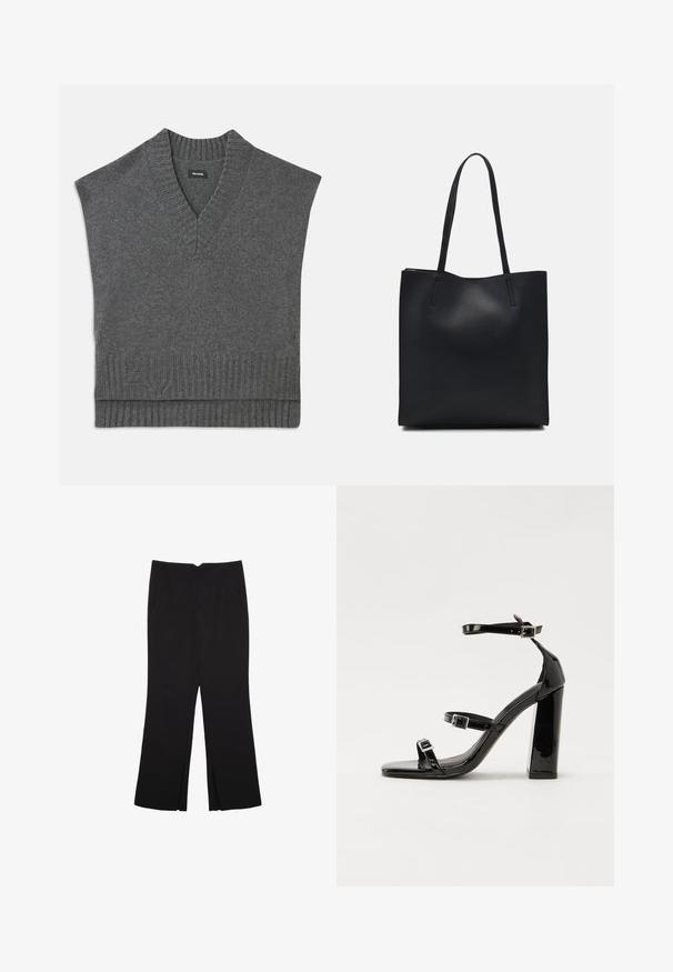 Šedý bezrukávový svetr s výstřihem do V, vroubkovaným výstřihem a spodním lemem. Měkká pletená textura, s jemným detailem loga blízko spodního okraje.; Černé kalhoty s rovným střihem, s předními kapsami a bočními rozparky na lemu. Vyrobené z jemné, hladké tkaniny. Vhodné na různé příležitosti.; Černé lakované sandály na podpatku se čtveratou špičkou, lýtkovými pásky a stříbrnými přezkami. Disponují masivním blokovým podpatkem pro stabilitu.; Černá kožená taška přes rameno s hladkým povrchem, obdélníkovým tvarem a dvěma dlouhými uchy. Žádné viditelné kování ani ozdoby.