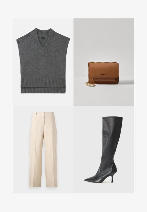 Szürke ujjatlan pulóver V-nyakkal, bordás nyakkal és hemline-nel. Puha kötött textúra, finom logó részlettel az alján.; Beige len vászonnadrág laza fazonnal, plisszírozott elülső résszel és egyenes lábakkal. Jellemzője a derékpánt övhurkokkal és látható zsebek nélkül.; Térd fölötti fekete bőr csizmák hegyes orral és karcsú stiletto sarkal. Simább textúrájúak, jól illeszkedő kialakítással és varrással a tetején.; Barna textúrájú bőr keresztbody táska arany lánc pánttal és fedélzárral. Az elején logó részlet és egy zseb található a fedél alatt.