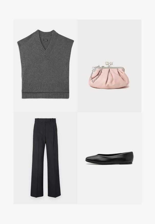 Sivi bez rukava džemper s V-izrezom, rebrastim izrezom i rubom. Mekana pletena tekstura s diskretnim logotipom blizu dna.; Tamno plave prugaste hlače visokog struka, širokih nogavica, bez vidljive opreme ili ukrasa. Glatka tekstura i kroj prilagođen tijelu.; Paul Smith TOPANGA - Balerinke - black; Ružičasta kožna torbica na preklop s naboranim dizajnom, metalnim okvirom, s dva okrugla kopčana i srebrnim lančanim remenom. Glatka tekstura, kompaktni oblik.