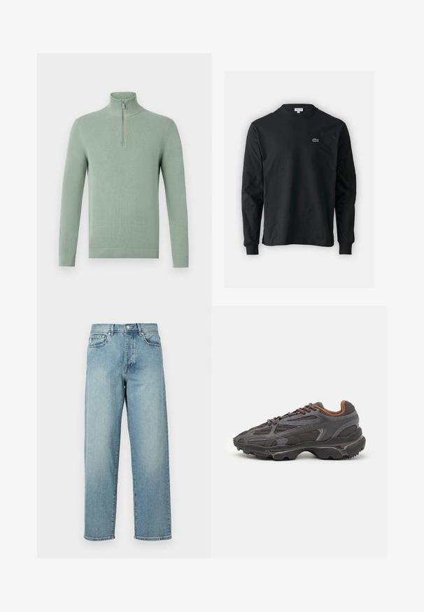 Világoszöld kötött pulóver magas gallérral és negyed cipzárral, bordázott mandzsettákkal és aljjal, texturált megjelenést biztosítva.; Fekete hosszú ujjú pamut póló, kerek nyakkivágással, bal mellen egy kis zöld hímzett krokodil logóval.; Világoskék farmernadrág laza szabással, egyenes lábakkal, öt zsebes dizájnnal és gombos derékkal. Minimalista varrási részletek.; Sötét szürke Lacoste sportcipők hálós és szintetikus anyagból, textúrázott talppal és barna díszítésekkel a nyak részen és a logón.