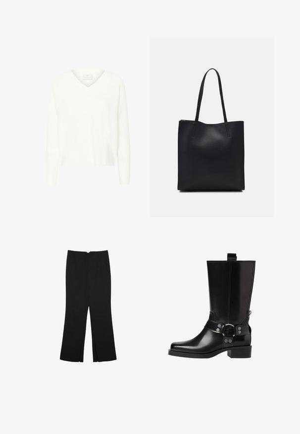Biely sveter s V-výstrihom vyrobený z jemného materiálu, s dlhými rukávmi a voľným strihom. Jemné rebrované textúry pozdĺž manžiet a lemovania.; Čierne nohavice so strihom rovného strihu, s prednými vreckami a bočnými rozparkami na leme. Vyrobené z mäkkej, hladkej tkaniny. Vhodné na rôzne príležitosti.; Čierne kožené čižmy po kolená s špicatou špičkou, striebornými prackami a robustným podpätkom. Obsahujú pútko pre jednoduché obúvanie.; Čierna kožená taška na rameno s hladkým povrchom, obdĺžnikovým tvarom a dvoma dlhými uchami. Bez viditeľného kovania alebo ozdôb.