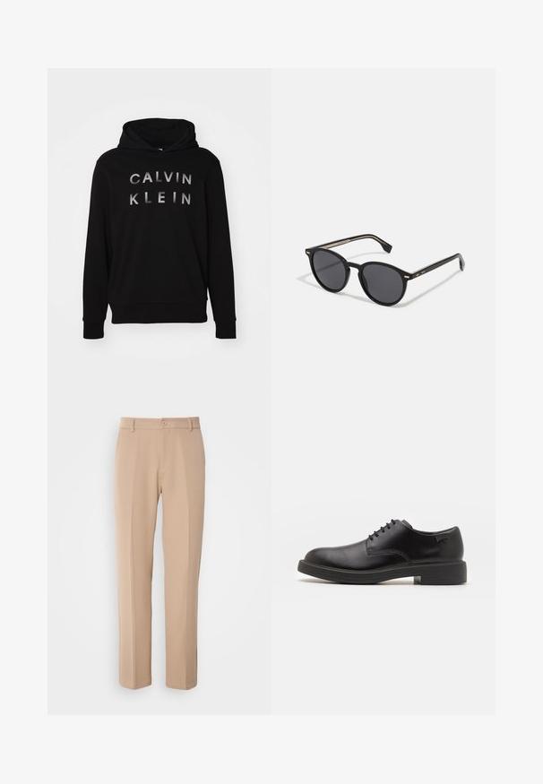 Calvin Klein ENLARGED LOGO HOODIE - Felpa con cappuccio - black; Pantaloni beige realizzati in tessuto liscio, con un design a gamba dritta, chiusura frontale con bottone e dettagli di pieghe sottili lungo la parte anteriore.; Scarpa nera in pelle con lacci, punta tonda, texture liscia, cuciture minime e tacco in gomma basso. Logo sul tacco.; BOSS Occhiali da sole - black