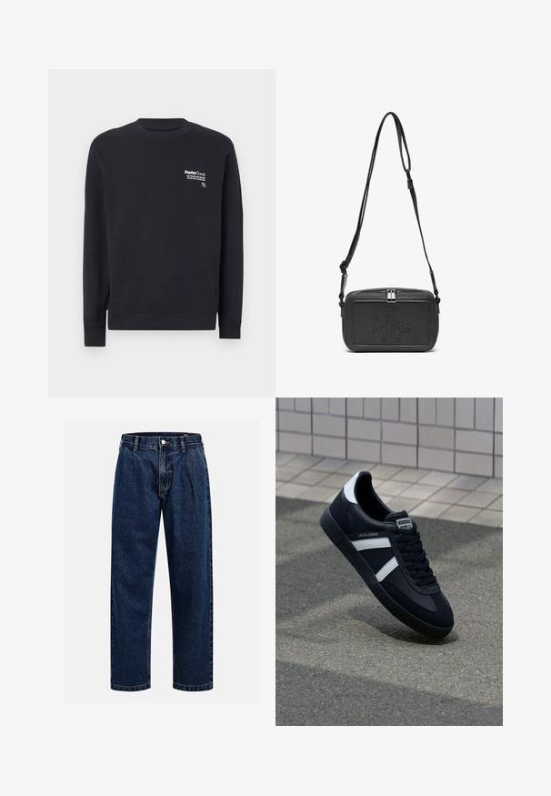 Sudadera marina de algodón con cuello redondo, mangas largas, puños acanalados y un logo impreso en blanco en la parte delantera del pecho.; Jeans de mezclilla azul oscuro con un diseño de pierna recta. Presentan costura visible, cierre de botón y pliegues frontales para un detalle adicional.; Zapatilla de cuero negra con rayas blancas, suela de goma texturizada y parte frontal con cordones. Cuenta con una etiqueta de marca en la lengüeta.; Bolso cruzado de piel negra con cierre de cremallera, logotipo embossing en el frente y correa ajustable. Textura suave con forma rectangular.