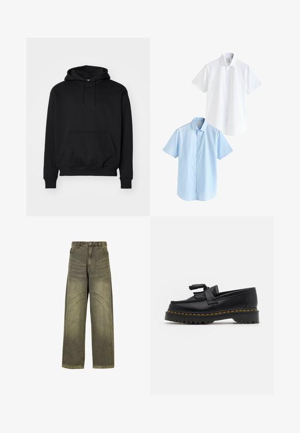 Sweat à capuche noir en mélange de coton doux, doté d'une poche kangourou, d'une capuche avec cordon de serrage, de poignets côtelés et d'une coupe décontractée.; Deux chemises à manches courtes : une blanche et une bleu clair. Les deux possèdent un devant à boutons, un col, un tissu en coton lisse et une coupe standard.; Jeans à jambes larges en denim vert olive, avec des accents de coutures courbes, une fermeture à bouton classique et une finition délavée.; Mocassin en cuir noir avec un accent à frange, doté d'une semelle épaisse noire et d'une couture jaune le long du bord. Fini texturé.