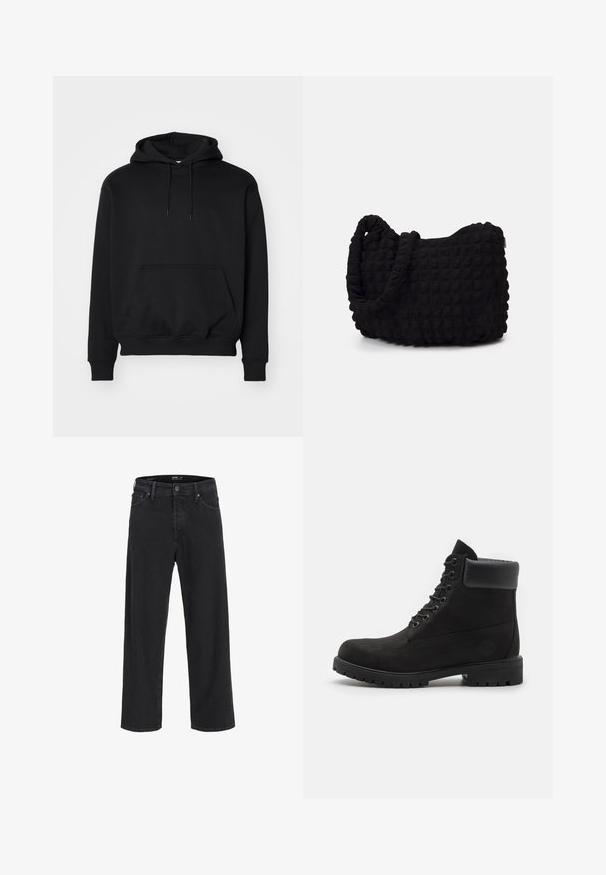 Felpa nera con cappuccio realizzata in morbido misto cotone, presenta una tasca a marsupio, cappuccio con cordini, polsini a costine e una vestibilità comoda.; Jeans in denim nero a gamba dritta con chiusura a bottone e zip, passanti per cintura e tasche anteriori e posteriori.; Stivale alla caviglia nero con lacci, colletto imbottito e suola robusta, mostrato in profilo su uno sfondo bianco.; Borsa in tessuto nero con un motivo trapuntato e texture. Forma arrotondata, manici corti e spessi, e una struttura morbida e flessibile.