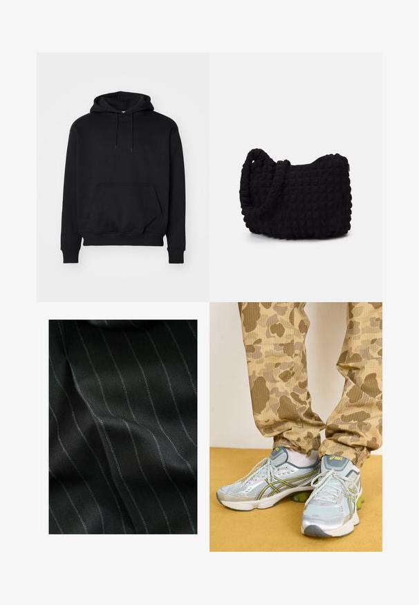 Musta kapuutsiga dressipluus, valmistatud pehmest puuvilla segust, sisaldab kengurutaskut, reguleeritavat kapuutsi, soonikkoes käeotsi ja lõdva istuvuse.; Mustmustriidi must kangas, millel on kalasabatähe muster ja peened valged triibud. Tekstuur näeb välja sile, millel on kudumise tõttu õrn sügavus.; Heledad hallhallid spordijalatsid hõbedaste aktsentidega, rohelise pehmendusega ja tekstuurse võrgu ülemise osaga, koos beežide kamuflaažimustriga pükstega.; Must mustkott, millel on tekstuuriga tikitud muster. Ümar kuju, lühikesed ja jämedad sangad ning pehme, paindlik struktuur.