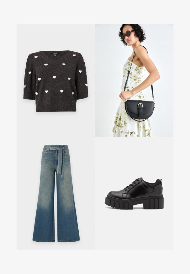 Dark gray knitted sweater with V-neck and short sleeves, featuring white heart patterns throughout and a soft, textured finish.; Wide-leg denim trousers featuring a light to dark blue gradient, high waist, belt loops, and a matching fabric belt. Textured denim finish.; Black leather platform shoes with a chunky block heel, round toe, and traditional lace-up design. Features smooth texture and minimal detailing.; Black leather handbag with a curved shape, detachable strap, and gold hardware. The bag features a flap with a buckle detail.