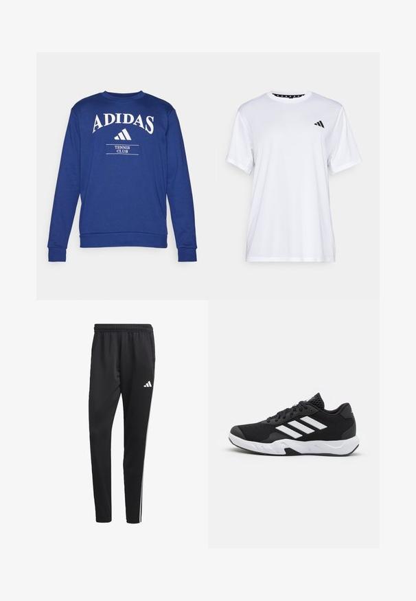 Sweatshirt azul de manga comprida feito de tecido macio, com logótipo branco "ADIDAS" e texto "TENNIS CLUB" na frente, punhos canelados.; Camiseta atlética branca de mangas curtas, feita de tecido que absorve a humidade. Apresenta um logótipo preto no lado esquerdo do peito e um decote interior com padrão.; Calças de treino pretas com um cós elástico, riscas laterais brancas e um pequeno logotipo branco na coxa. Feitas de um material leve e suave.; Tenis negros desportivos com um superior em malha texturizada, riscas brancas de destaque, sola acolchoada e um calcanhar reforçado para suporte.