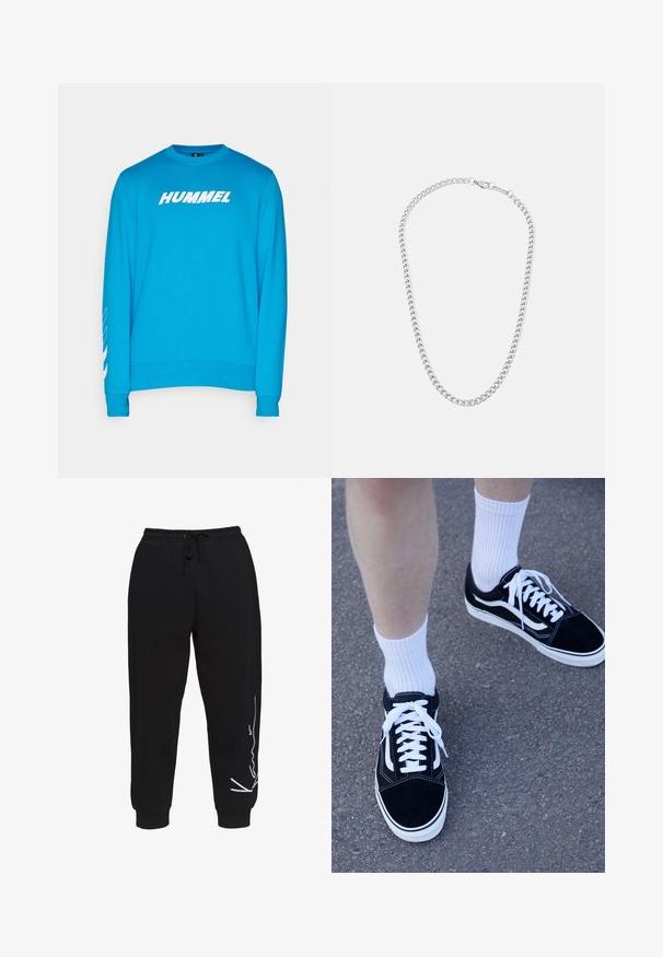 Blå sweatshirt med långa ärmar, med en vit "HUMMEL"-logotyp på framsidan och snedställda vita ränder längs vänster ärm.; Svart bomulls t-shirt med kort ärm, rund halsringning och en vit signaturlogo tryckt på framsidan. Slät textur och avslappnad passform.; Svarta träningsbyxor av bomull, med resårmidja och snörning, smalnande ben och en vit logotypdesign på vänster sida.; Svarta mockaskor med vita detaljer och snören, tillsammans med vita ribbade ankelsockor, placerade på en texturerad grå yta.; Silverfärgad metallkedja i halsbandet med sammanlänkade länkar och ett säkert lås, slät yta, jämn finish och en klassisk design.