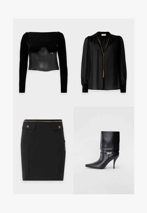 Mustade pikkade varrukatega pluus, millel on struktureeritud nahast eesosa, sile tekstuur, lai kaelus ja kuldne aksessuaar külgedel.; Mustmust pikkade varrukatega blusš, millel on lai krae ja kuldne ketinaistega kaelakee, millel on ees rippuv pitsi pendant.; Must värvitud seelik, millel on ees klapiga taskud, kuldsed dekoratiivnupud ning õhuke kuldne ketirihm, millel on paremal küljel tups.; Mustad nahast pahkluu saapad terava nina, kõrge stilettokanna, volditud äärega ja kuldse dekoratiivse pandlaga pahkluul.