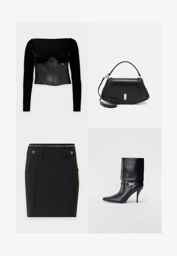 Black long-sleeve top featuring a structured leather bodice with a smooth texture, a wide neckline, and a gold accent on the side.; Black fitted skirt with front flap pockets, gold decorative buttons, and a thin gold chain belt with a tassel on the right side.; Black leather ankle boot with a pointed toe, high stiletto heel, fold-over cuff, and a gold decorative buckle detail on the ankle.; Black leather handbag with a structured design, featuring a cropped shape, top handle, and gold hardware accent. Adjustable shoulder strap included.