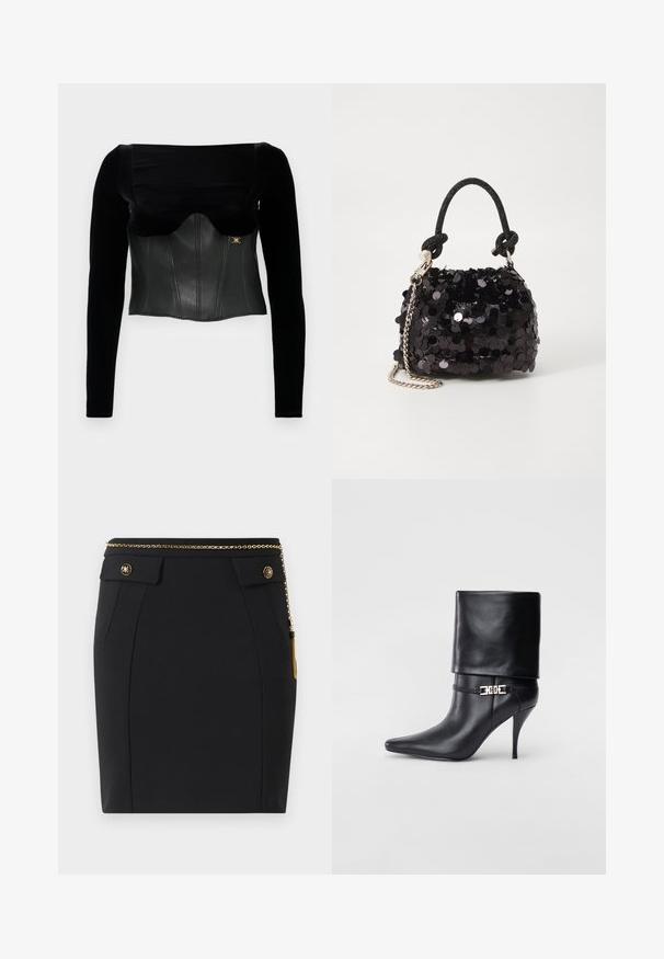 Černý dlouhý rukáv top s strukturovaným koženým korzetem s hladkým povrchem, širokým výstřihem a zlatým akcentem na boku.; Černá přiléhavá sukně s předními kapsami s klopou, zlatými dekorativními knoflíky a tenkým zlatým řetízkem s třásní na pravé straně.; Černé kožené kotníkové boty s špičatou špičkou, vysokým stiletto podpatkem, ohrnovací manžetou a zlatým ozdobným přezkovým detailem na kotníku.; Černá mini kabelka s flitry, s uzlovým texturovaným popruhem a stříbrným řetízkem. Zaoblený tvar s nařaseným vrchem a reflexními detaily.