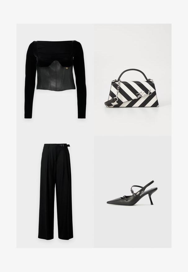 Mustade pikkade varrukatega pluus, millel on struktureeritud nahast eesosa, sile tekstuur, lai kaelus ja kuldne aksessuaar külgedel.; Mustad kõrge vöökohaga mustad laiad püksid, millel on ees voldid ja vöö, millel on pandla. Valmistatud siledast ja kergest kangast.; Must musta slingback kontsad, terava nina, peenike konts ja dekoratiivne pandla detail peal. Sile tekstuur ja stiilne disain.; Mustriga musta ja valgega käekott, millel on struktureeritud kuju, pehme käepide, eemaldatav ahelriba ja metallist logo aktsent.