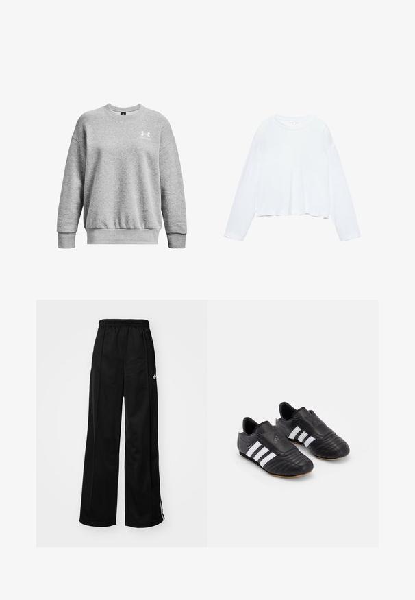 Harmaa collegepaita, joka on valmistettu pehmeästä materiaalista, jossa on pyöreä kaula-aukko, pudotetut olkapäät, joustavat hihansuut ja pieni valkoinen logo vasemmassa rinnassa.; Pitkähihaisessa valkoisessa lyhyessä t-paidassa on pehmeä kangas, pyöreä kaula-aukko ja rento istuvuus tikkauksetulla hihalla. Yksinkertainen ja siisti muotoilu.; Musta leveälahkeinen treenihousut, jossa on elastinen vyötärö, valkoiset sivutossut ja pieni logo vasemmassa lonkassa. Silkkinen kangastunne.; Mustat jalkapallokengät, joissa on tekstuurilla varustettu nahkapäällinen, pehmustettu etuosa, kolme valkoista raitaa sivuilla ja kuminen ulkopohja.