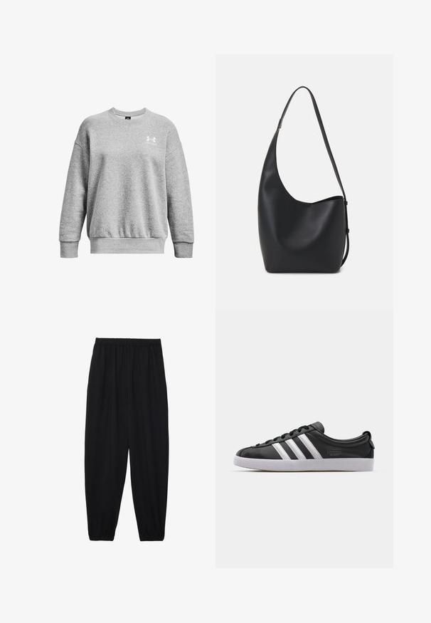 Šedá mikina vyrobená z měkkého materiálu, s kulatým výstřihem, spadlými rameny, žebrovanými manžetami a malým bílým logem na levé hrudi.; Černé, lehké kalhoty s elastickým pasem a nařasenými kotníky. Tkanina je hladká a má uvolněný, zúžený design.; Černé kožené tenisky s bílým trojitým pruhovaným designem, kulatou špičkou, plochou bílou gumovou podrážkou a značkovým detailem na boku.; Černá kožená hobo taška s hladkým povrchem, zakřiveným tvarem a jedním nastavitelným popruhem; má široké otevírání nahoře.