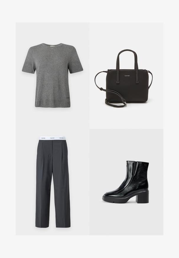Szary T-shirt z dzianiny z krótkimi rękawami, okrągłym dekoltem i gładką fakturą. Posiada minimalne logo w pobliżu dolnego szwu. Prosty, klasyczny design.; Szare spodnie z szerokimi nogawkami, wykonane z gładkiego materiału, z przodu z fałdami i białym paskiem w talii z logo Calvin Klein.; Czarne lakierowane botki za kostkę z zaokrąglonym noskiem, elastycznymi panelami bocznymi i masywnym obcasem blokowym. Posiadają wytłoczone logo z tyłu.; Czarna torebka z dwoma krótkimi uchwytami i odpinanym paskiem na ramię. Gładki materiał przypominający skórę, z zamkiem błyskawicznym i detalem z logo.