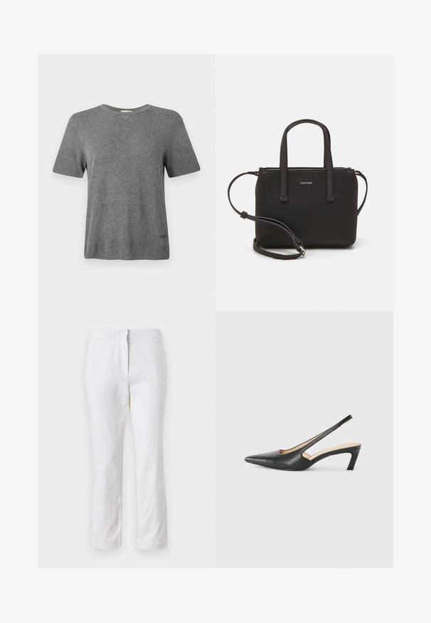 Camiseta de punto gris con mangas cortas, escote redondo y una textura suave. Presenta una marca mínima cerca del dobladillo. Diseño simple y clásico.; Pantalones de algodón blancos con un diseño de pierna recta, que cuentan con una cintura de media altura y sin herrajes o patrones visibles. Textura suave en todo su recorrido.; Zapato negro de punta afilada tipo slingback con un tacón bajo, que presenta un material de cuero suave y un diseño recortado en el lateral para mayor transpirabilidad.; Bolso de mano negro con dos asas cortas y una correa de hombro removible. Material suave tipo cuero con cierre de cremallera y detalle del logo.
