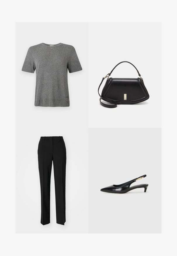 Szürke kötött póló rövid ujjakkal, kerek nyakkivágással és sima textúrával. Minimális márkajelzés található az alsó részén. Egyszerű, klasszikus dizájn.; Fekete, testhezálló nadrág egyenes szárú kivitelben, sima textúrával és éles redőkkel az elején. Nincs látható fémalkatrész.; Fekete bőr slingback magassarkúk, hegyes orral, vékony sarkakkal és arany színű részlettel a állítható pánton. Simа felület.; Fekete bőr kézitáska, strukturált dizájnnal, rövidített formával, felső fogantyúval és arany színű kiegészítőkkel. Állítható vállpánt is tartozik hozzá.