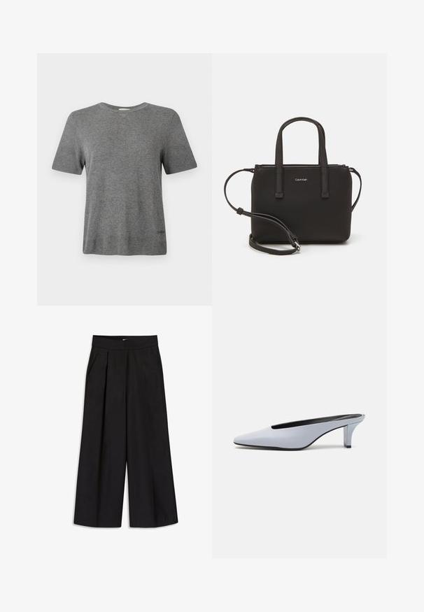 T-shirt en tricot gris avec des manches courtes, un col rond et une texture lisse. Présente un branding minimal près de l'ourlet. Design simple et classique.; Pantalons larges noirs avec plis, passants de ceinture et poches latérales. Tissu lisse avec une finition soignée. Pas de quincaillerie ou de motifs visibles.; Mule en cuir verni bleu clair avec un orteil pointu, un petit talon transparent et un design épuré mettant en valeur une découpe au cou-de-pied.; Sac à main noir avec deux poignées courtes et une bandoulière amovible. Matière lisse semblable à du cuir avec une fermeture éclair et un détail de logo.