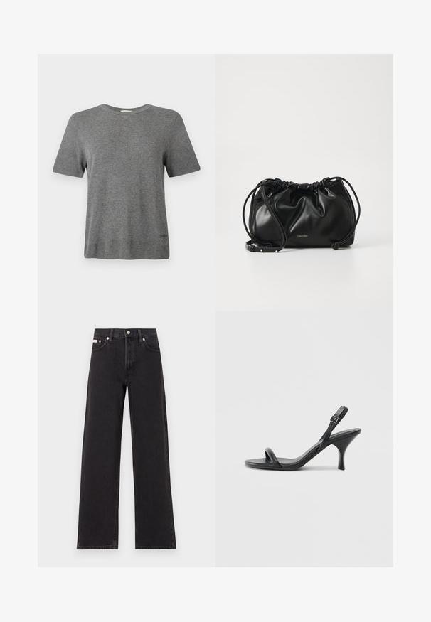 Gray knit T-shirt with short sleeves, round neckline, and a smooth texture. Features minimal branding near the hem. Simple, classic design.; Black wide-leg jeans made of denim, featuring a high-rise waist, five-pocket styling, and a metal button closure with contrasting stitching.; Black leather high-heeled sandals with a slim, curved heel and a crossed strap design. Adjustable ankle strap. Smooth texture.; Black leather handbag with gathered design, dual drawstring closure, and detachable shoulder strap. Features metallic logo detail.