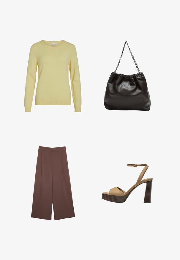 VILA VIRIL O-NECK - Pulover - pale banana; Rjave široke hlače z gladko teksturo, ki imajo visok pas in sprednje naborke. Tkanina je lahka in prosto pada.; Bež semiš sandali na visoki peti z širokim sprednjim trakom in trakom okoli gležnja, opremljeni z debelim lesenim blokom peto z teksturirano površino.; Rjava usnjena torba z nabranim vrhom in verižnim trakom. Gladka tekstura z sijajno površino in subtilnimi šivi na straneh.