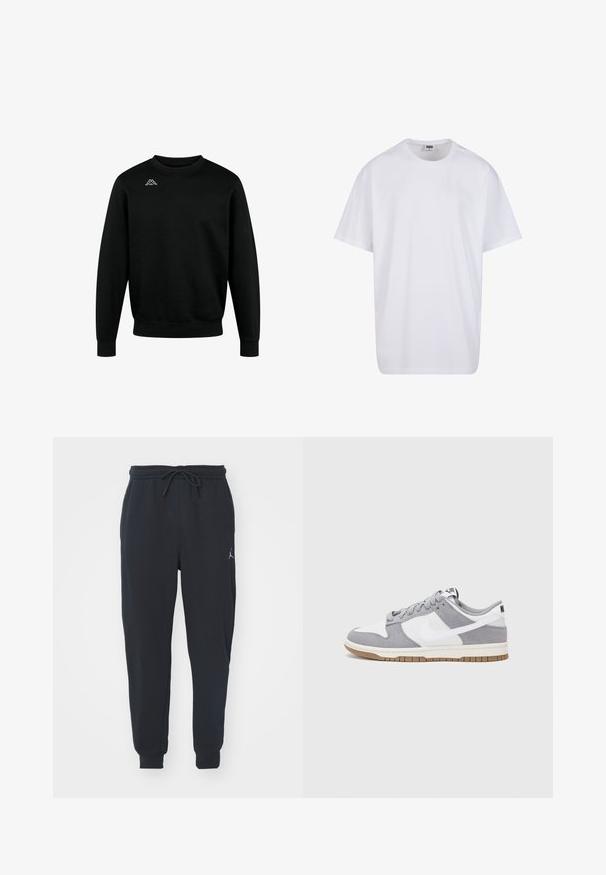 Czarny sweatshirt wykonany z bawełny, z okrągłym dekoltem, długimi rękawami i ściągaczami na mankietach, z białym logo na górnej lewej części klatki piersiowej.; Biała bawełniana koszulka z krótkimi rękawami, okrągłym dekoltem, luźnym krojem i bez widocznych logo lub wzorów. Gładka tekstura i minimalistyczny design.; Czarne dresowe spodnie wykonane z miękkiego materiału, z elastycznym paskiem w talii ze sznurkiem, ściągaczami na nogawkach oraz małym logo na lewej udzie.; Szare i białe trampki z zamszową i skórzaną cholewą, okrągłym noskiem, płaskimi sznurówkami i gumową podeszwą z akcentem w kolorze gumy.