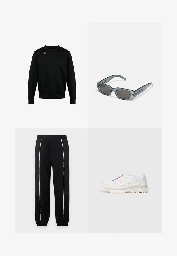 Must välja suurest puuvillast mustast kapuutsest, millel on ümmargune kaelus, pikad varrukad ja soonikud, ning valge logo vasakul ülemisel rinnal.; Mustad mustad püksid valgete külje triipudega, elastne vöökoht ja sääreotsad. Valmistatud pehmest, tekstureeritud kangast mugavuse ja paindlikkuse tagamiseks.; Valge sportlik jalanõud tekstureeritud võrgupealisega, peegeldavate detailidega ja pehme tallaga. Märkimisväärne brändi logo küljel.; Santa Cruz INFERNO UNISEX - Päikeseprillid - crystal black