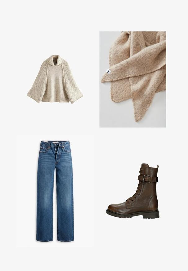 Next REGULAR FIT ROLL NECK - Pullover - ecru; Jean en denim bleu avec une coupe large, cinq poches, braguette à boutons et piqûres contrastées. Tissu texturé avec un fini délavé.; Bottines en cuir marron à lacets, avec une boucle sur le côté, bout rond, semelle robuste et détails de couture pour ajouter de la texture.; Couverture en laine beige avec une finition texturée, présentant un bord cousu et une petite étiquette dans un coin. Apparence douce et confortable.; Sac seau en cuir noir avec fermeture à cordon, arborant un logo "CK" brillant sur le devant et des accents en métal doré.