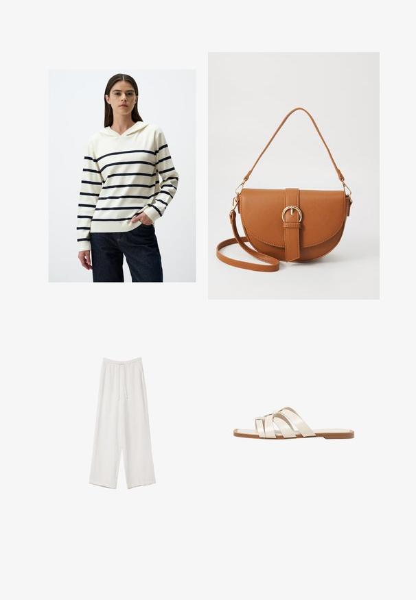 Striped hoodie in cream with navy blue stripes, featuring a v-neck, long sleeves, and a relaxed fit, paired with dark denim jeans.; White wide-leg trousers made from a lightweight fabric. Features an elastic waistband with a drawstring and side pockets. Smooth texture.; Flat sandals with a tan rubber sole, designed with three overlapping white leather straps and a small bow detail at the center.; Brown leather crossbody bag with a curved shape, gold hardware, and a buckle accent. Features a detachable shoulder strap.