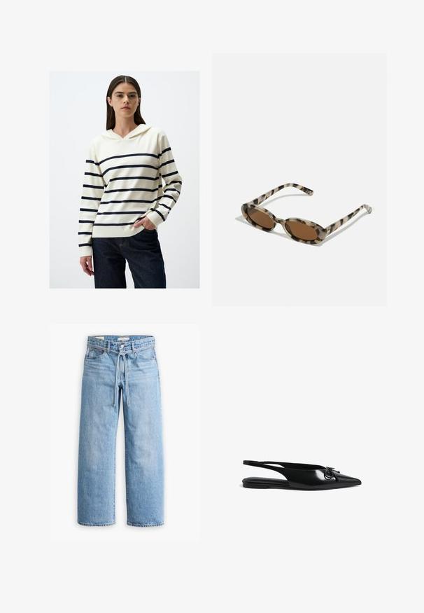 Haut à capuche rayé en crème avec des rayures bleu marine, doté d'un col en V, de manches longues et d'une coupe décontractée, associé à un jean en denim foncé.; Jeans en denim bleu clair à jambes larges avec une taille haute, fermeture à bouton et à glissière, et un détail à cordon à la taille. Finition à l'ourlet brut.; Ballerines slingback en cuir verni noir avec bout pointu, détail d'accent circulaire et fines sangles pour un maintien sécurisé. Fini lisse et brillant.; Lunettes de soleil en écaille avec des verres ovales, teinte brune et branches fines à motif. Matériau plastique léger avec de subtils accents dorés.