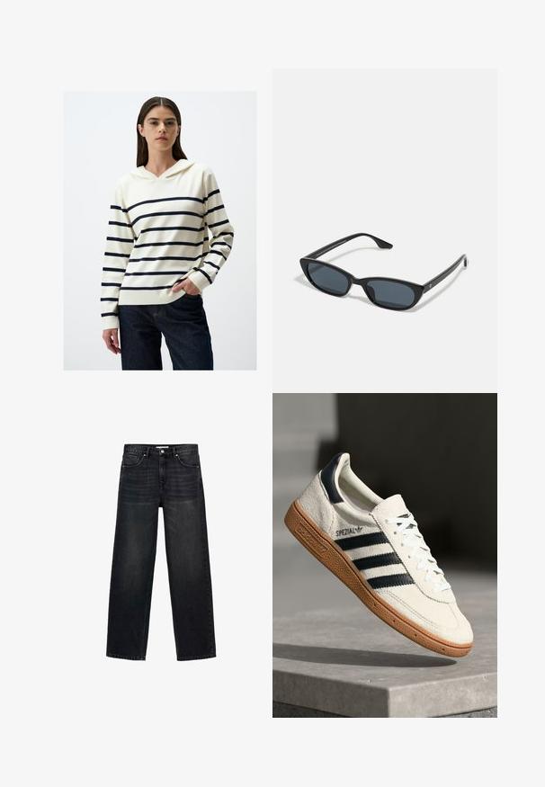 Striped hoodie in cream with navy blue stripes, featuring a v-neck, long sleeves, and a relaxed fit, paired with dark denim jeans.; Black wide-leg jeans made of denim. Featuring five pockets, a zip fly with a button closure, and subtle fading on the front.; White suede sneaker with navy stripes, rubber gum sole, textured upper, round toe, and lacing; features branding on the side and tongue.; Black cat-eye sunglasses with dark lenses, plastic frame, slim temples, and subtle branding on the inner arm. Matte finish texture.; Gold rectangular watch with a white face, minimalist hour markers, and a mesh metal band. Features a side crown for adjusting time.