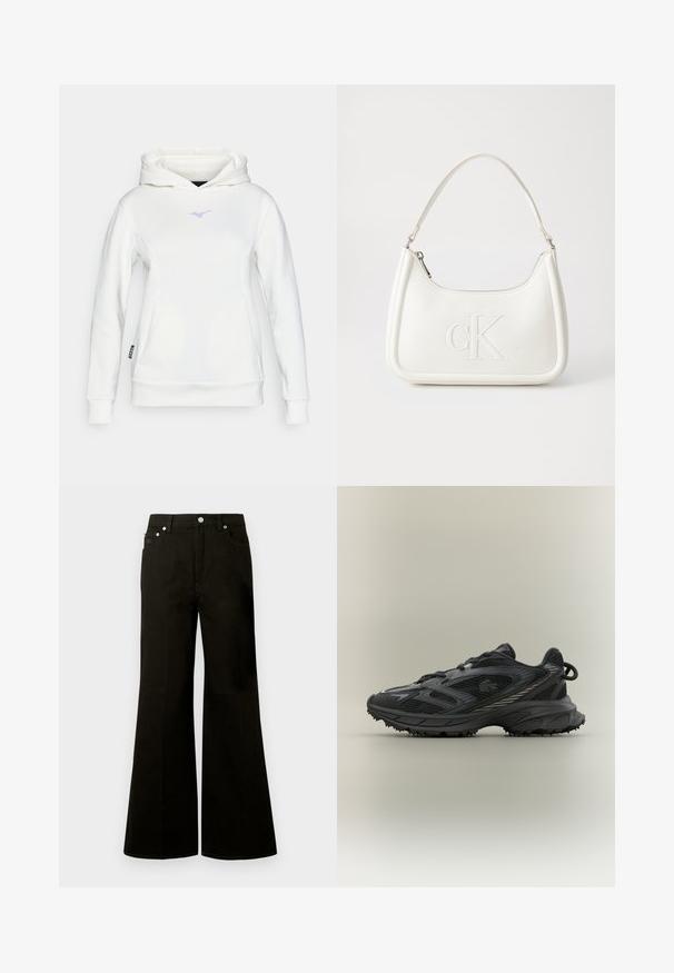 Baltas švarkas, pagamintas iš minkštos medžiagos, su kengūros kišene. Ant krūtinės yra mažas violetinis logotipas, taip pat raukšlėti rankogaliai ir apatinė dalis.; Juodos spalvos džinsai plačiomis kojų apačiomis, aukštu liemeniu, su priekiniais mygtukais ir užtrauktuku, diržo kilpomis bei penkiomis kišenėmis, įskaitant mažą monetų kišenėlę.; Juodos sportinės bateliai su tinklo ir sintetinėmis medžiagomis, ergonomišku dizainu, tekstūruotu padu ir atspindinčiomis detalėmis. Šoninis vaizdas, matomos raišteliai.; Balta odinė rankinė su išlenkta forma, su reljefiniu "CK" logotipu priekyje ir viena petneša. Užtrauktuko uždarymas viršuje.