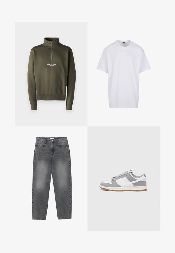 Felpa zip-up verde oliva con collo alto, caratterizzata da un logo bianco sul petto, realizzata in un morbido tessuto testurizzato.; Maglietta bianca in cotone con maniche corte, scollatura rotonda, vestibilità comoda e senza loghi o motivi visibili. Texture liscia e design minimale.; Jeans a vita alta, dal taglio ampio in denim nero sbiadito. Presentano cinque tasche, passanti per cintura e un design dritto e pulito.; Sneaker grigia e bianca con tomaia in suede e pelle, punta arrotondata, lacci piatti e soletta in gomma con un accento color caramello.