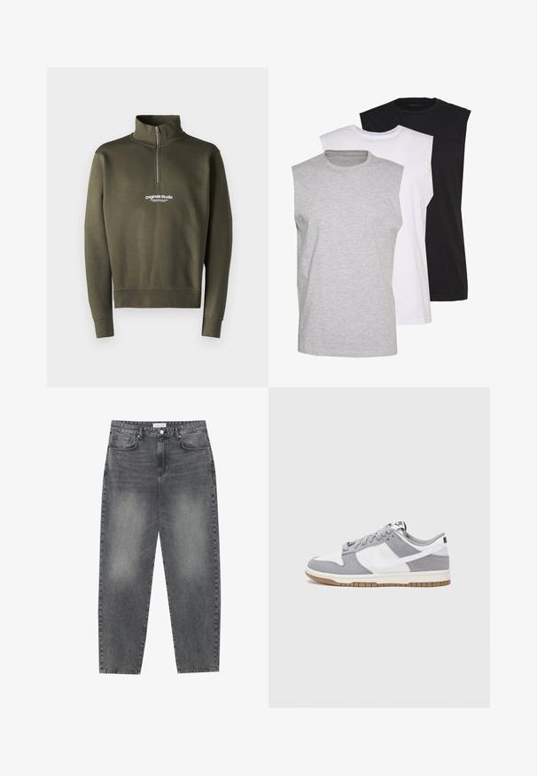 Olijfgroene ritscreater met hoge kraag, voorzien van een wit logo op de borst, gemaakt van een zachte, gestructureerde stof.; Drie mouwloze T-shirts in grijs, wit en zwart. Zacht katoenmateriaal met een ronde hals en een relaxte pasvorm. Eenvoudig ontwerp, geen patronen.; Hoge taille, losvallende jeans van vervaagd zwart denim. Beschikt over vijf zakken, riemlussen en een schone, rechte broekspijp ontwerp.; Grijze en witte sneaker met een bovenwerk van suede en leer, ronde neus, platte veters en een rubberen zool met een gumaccent.