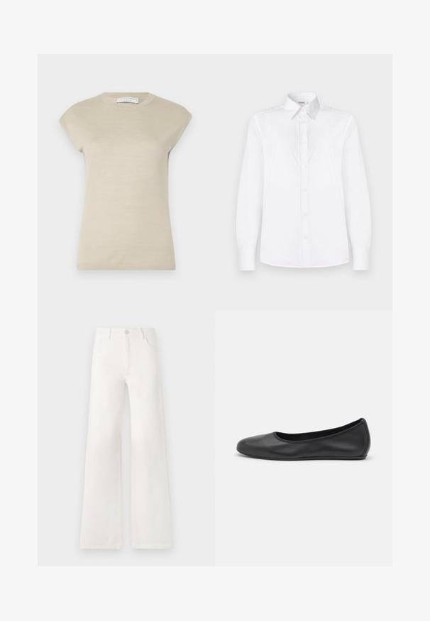 Tiger of Sweden MARISO jasnozielony; Biała koszula z długim rękawem, wykonana z gładkiego materiału, z kołnierzykiem i zapięciem na guziki, ozdobiona jasnoróżowymi guzikami.; Białe dżinsy z wysokim stanem i szerokimi nogawkami. Wykonane z denimu. Posiadają zapięcie na guzik, dwie kieszenie z przodu oraz boczne szwy ze szczegółami w postaci przeszyć.; Czarne skórzane baletki z zaokrąglonym noskiem, gładką fakturą, minimalnymi przeszyciami i elastycznym designem podeszwy.