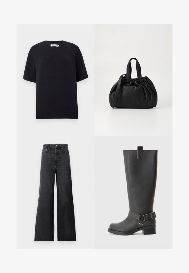 Suéter preto de malha de manga curta com decote redondo e bainha canelada. Textura suave com um corte descontraído. Design minimalista.; Jeans flare em denim preto com cintura alta, apresentando um fecho de botão em metal, bolsos frontais e um desbotado subtil no tecido.; Bota preta de couro até ao joelho com um acabamento texturizado, apresentando um detalhe de fivela lateral e um salto baixo. Costura detalhada ao longo das costuras.; Bolsa de couro preta com um design de topo franzido, apresentando duas alças curtas e uma alça longa ajustável. Textura suave, formato arredondado.