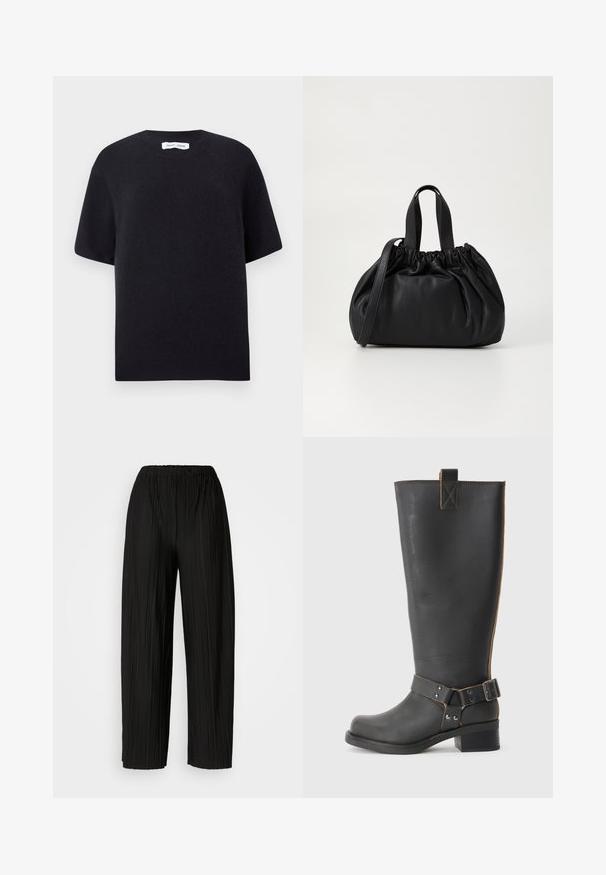 Fekete kötött rövid ujjú pulóver, kerek nyakkivágással és bordás szegéllyel. Simasági érezhető, laza szabással. Minimalista dizájn.; Fekete, pliszírozott, bőszárú nadrág rugalmas derékkal. Az anyag függőleges pliszékkel és sima textúrával rendelkezik.; Fekete bőr, térd fölé érő csizma texturált felülettel, oldalán csat díszítéssel és alacsony sarokkal. Részletes varrások a varrások mentén.; Fekete bőr kézitáska, összegyűrt felső dizájnnal, két rövid fülekkel és egy hosszú, állítható pánttal. Simább textúra, lekerekített forma.