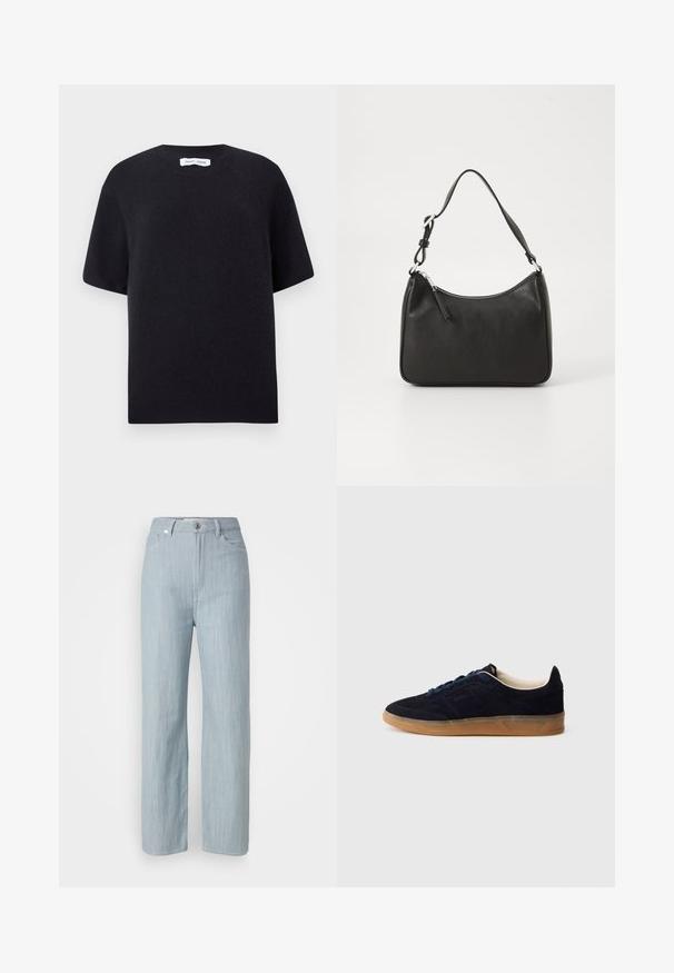 Mustan neulotun lyhythihainen neulepaita, jossa on pyöreä kaula-aukko ja ribattu helma. Sujuva pinta, jossa on rento istuvuus. Minimalistinen muotoilu.; Vaaleansiniset suorat farkut, jotka on valmistettu denimistä. Sisältää viisi taskua, metallinappikiinnityksen ja hienovaraisen kulutustekstuurin.; Laivastonsininen mokkanahkainen tennari, jossa on kuminahkainen pohja, siniset nauhat ja minimalistinen muotoilu. Sivussa on kohokuvioitu logo ja sisäpuolella sileä vuori.; Mustat nahkakäsilaukku, jossa on kaareva muoto, yksi hihna, vetoketjukiinnitys ja hienovarainen brändäys etuosassa. Sujuva pinta, minimalistinen muotoilu.